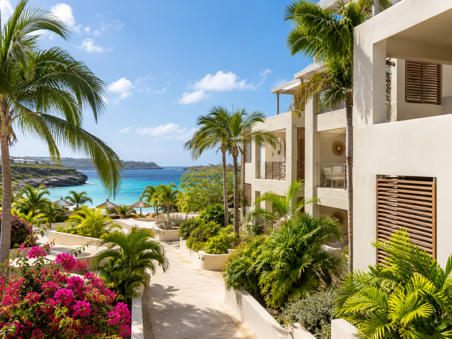 Tropisch resort op Jan Thiel met uitzicht op een azuurblauwe baai